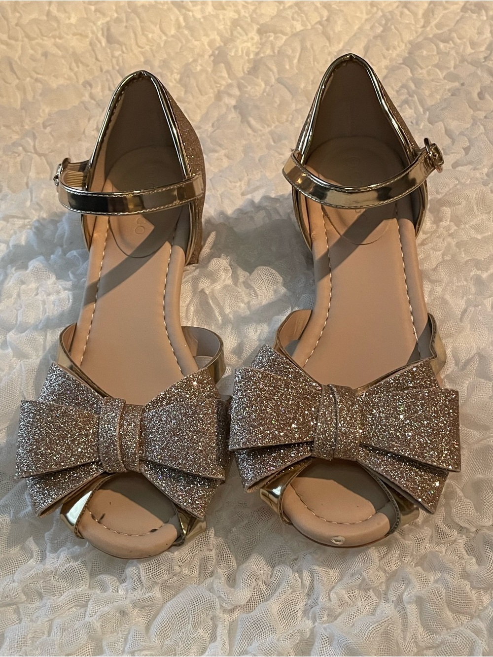 Girls' Glitter Bow Peep-Toe Mary Jane Sandals - Rose Gold